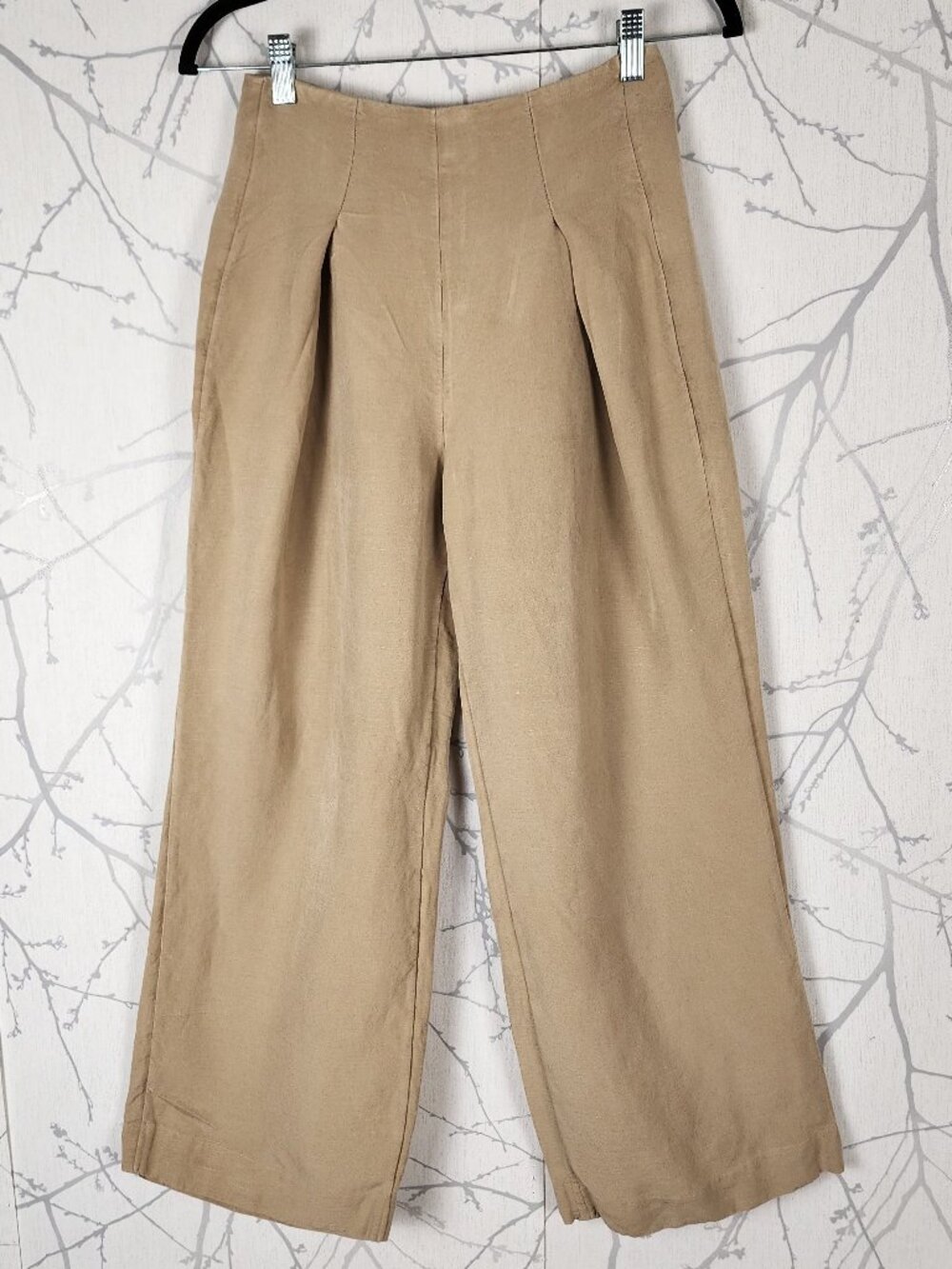 Oak + Fort Beige Pleated Linen Blend High Rise Wide Leg Ankle Pants